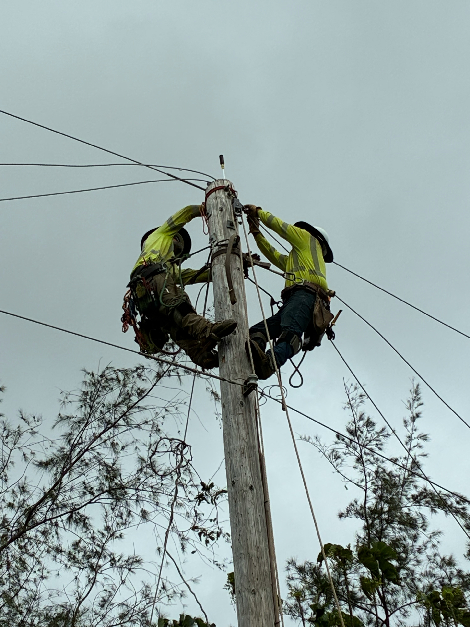 After storms damaged the electric system across Kauaʻi, SCE crews helped the Kauaʻi Island Utility Cooperative rebuild poles needed to safely deliver power.
