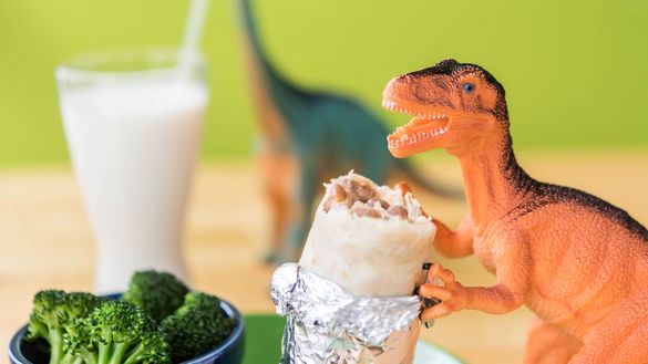 Toy Dinosaur Eating at Laughing Planet