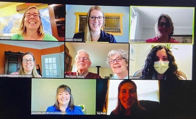 Doug and Jean Whitney, center, arranged a telemedicine visit with their three daughters from three continents and Doug’s Neuro-Oncology team at Wilmot. ZoomCall