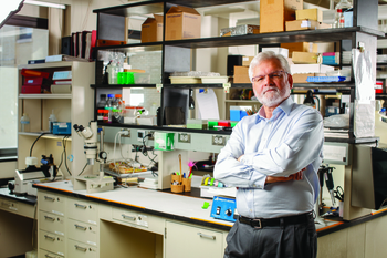 Dr. Kerry O'Banion stands in front of bench in his lab in the University of Rochester Medical Center.