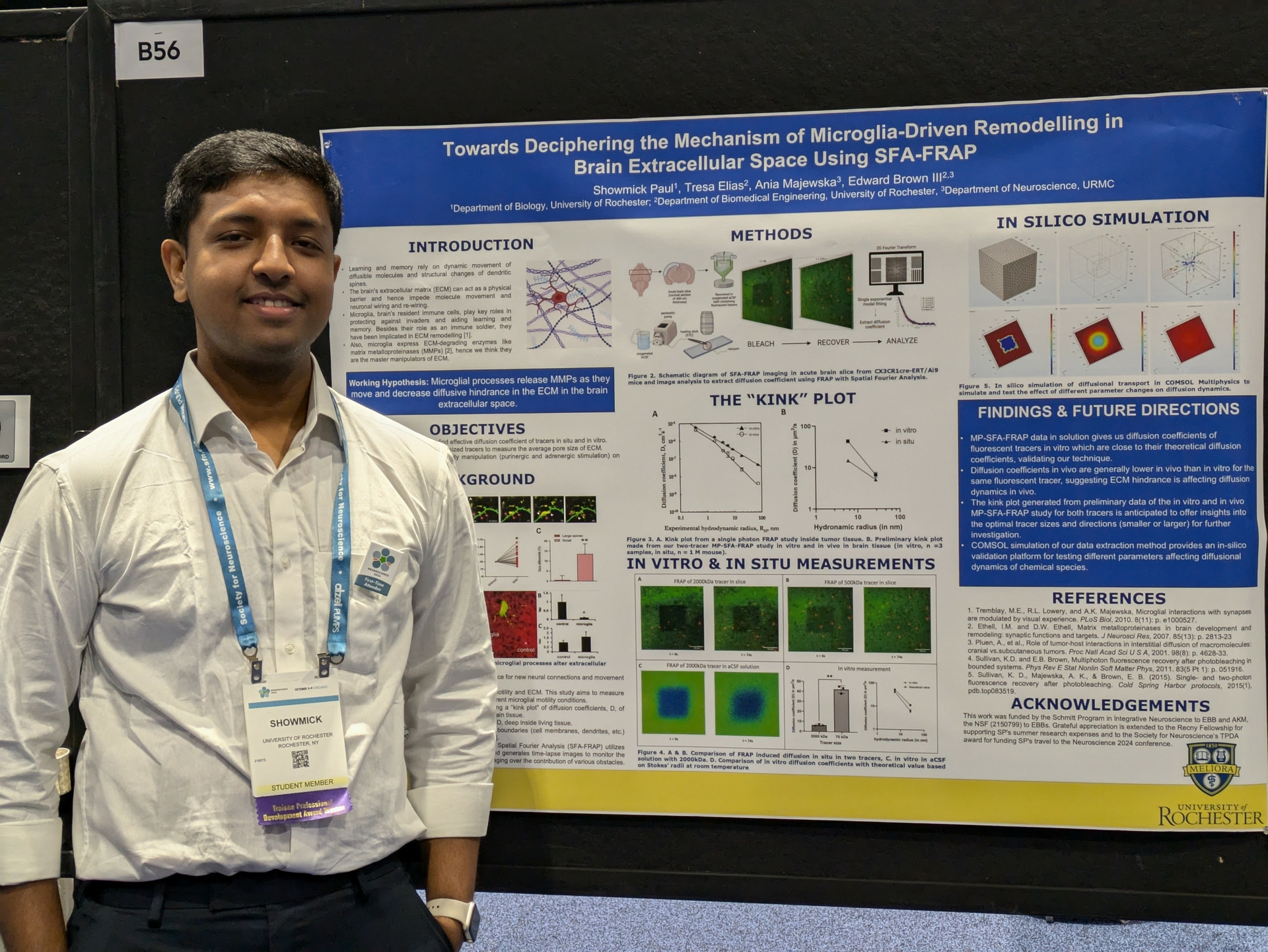 Undergraduate Neuroscience student, Showmick Paul, stands with his research poster at the annual Society for Neuroscience Conference, in Chicago. Paul is co-mentored by Ania Majewska, PhD, and Edward Brown, PhD, Neuroscience faculty at the Medical Center.