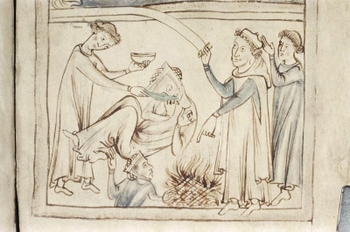 Illustration from a late 13th century medical text. a woman, who appears to have fainted, being attended by a physician and servants. One of the female servants is wafting a burning feather beneath the patient’s nose. Another is extending a hand towards the patient’s genitals.