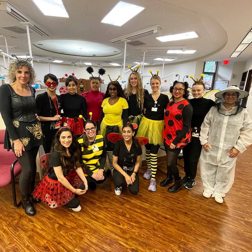 A group of people in simple ladybug and bee costumes, including headbands with puffy antennae. One person is wearing a beekeeper outfit.