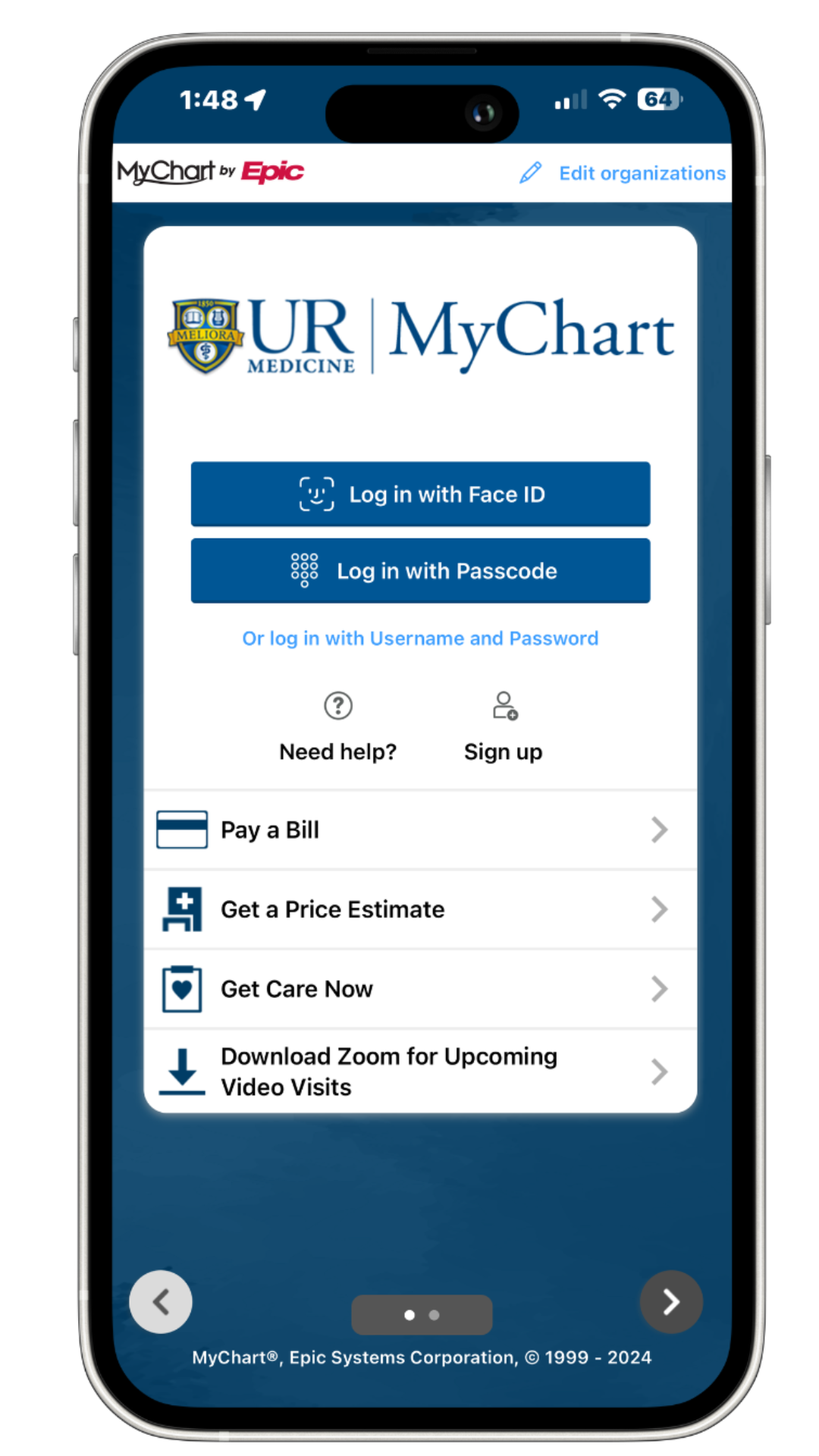 iPhone displaying the MyChart log in screen.
