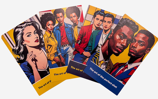 Four colorful cards designed in a comic-book style depicting romantic couples and groupings, and a single woman. The caption below says the art of the perfect shot