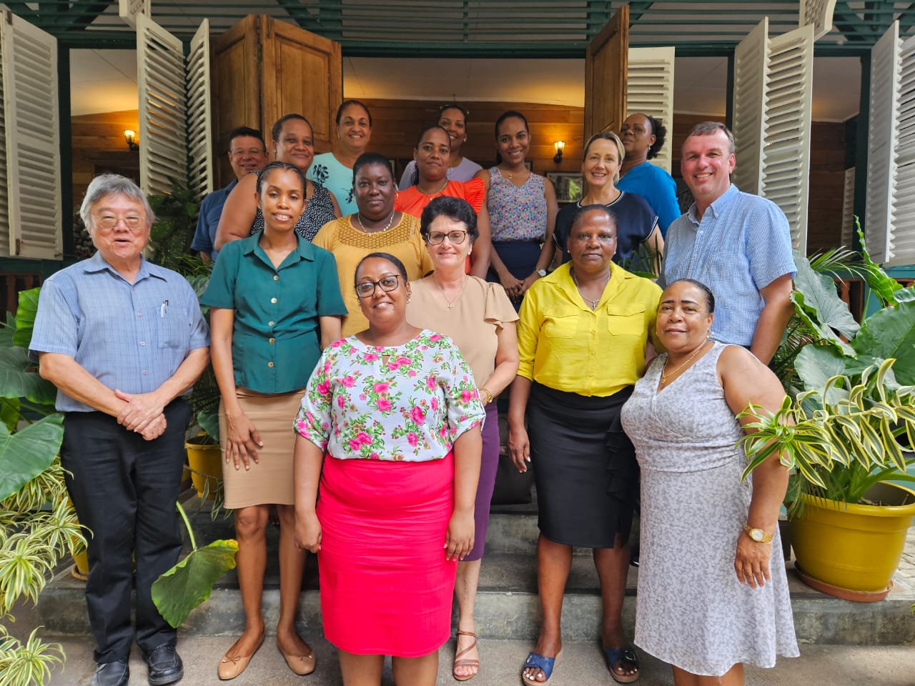 Drs. Conrad Shamlaye (front left), van Wijngaarden and Emeir McSorley (middle right)with members of the Ministry of Health in Seychelles, including research nurses and administrative staff who are part of the study team.