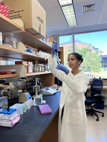 Calcines-Rodríguez working at bench in O'Banion Lab at the University of Rochester School of Medicine and Dentistry