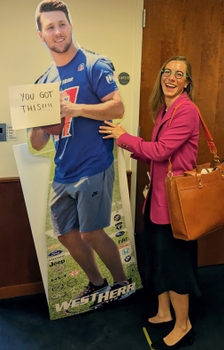 Jamie Flerlage with Josh Allen cardboard figure - May 2024 NCI site visit