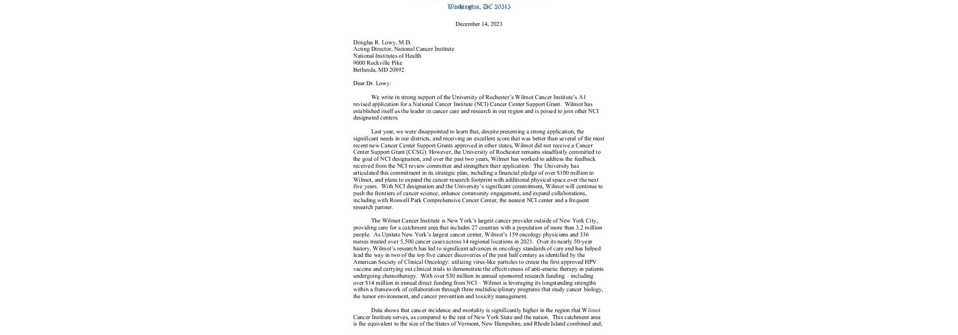 Document URMC NCI Letter of Support NYS Congressional Delegation
