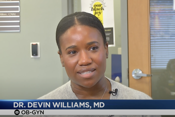 Dr. Devin Williams is interviewed in the Highland Women's Health Office. A banner at the bottom of the screen reads "Dr. Devin Williams. OBGYN"