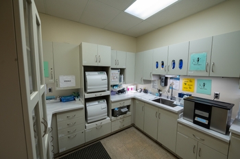 A sterilization room with clean new cabinets. Sterilizer machines are on shelves and a shiny metal cleaner sits next to the sink. A large cabinet holds extra supplies along the left wall.