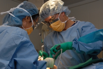 2 dentists wearing masks and scrubs performing dental treatment in the operating room.