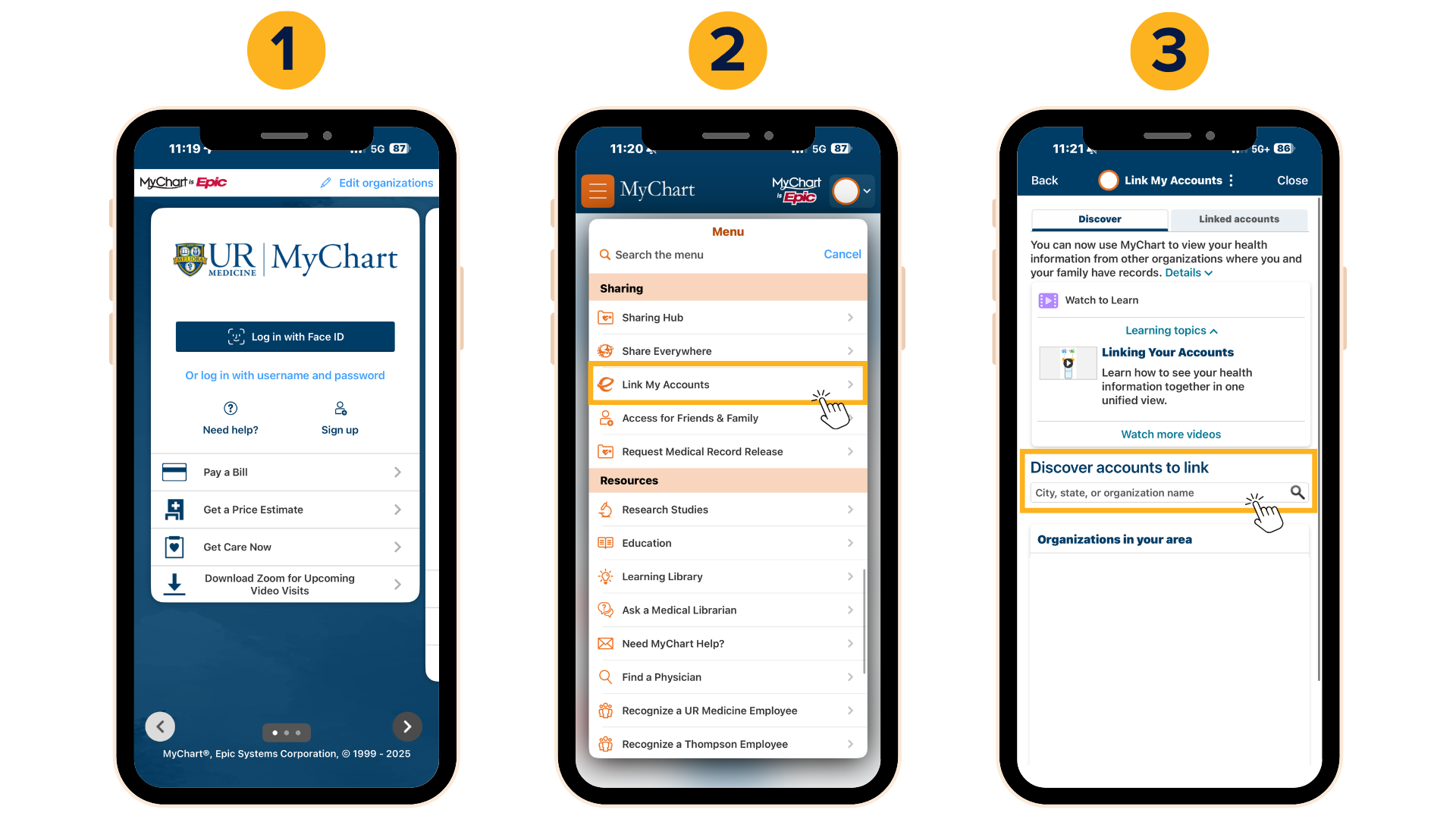 Step by step screenshots of MyChart app demonstrating how to link accounts