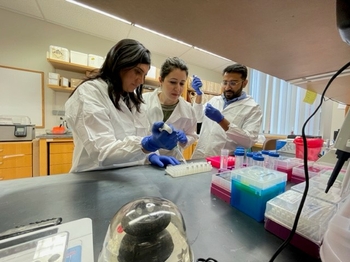 Dr. Altuhafy and 2 residents in lab coats use a pipette at a lab workbench.
