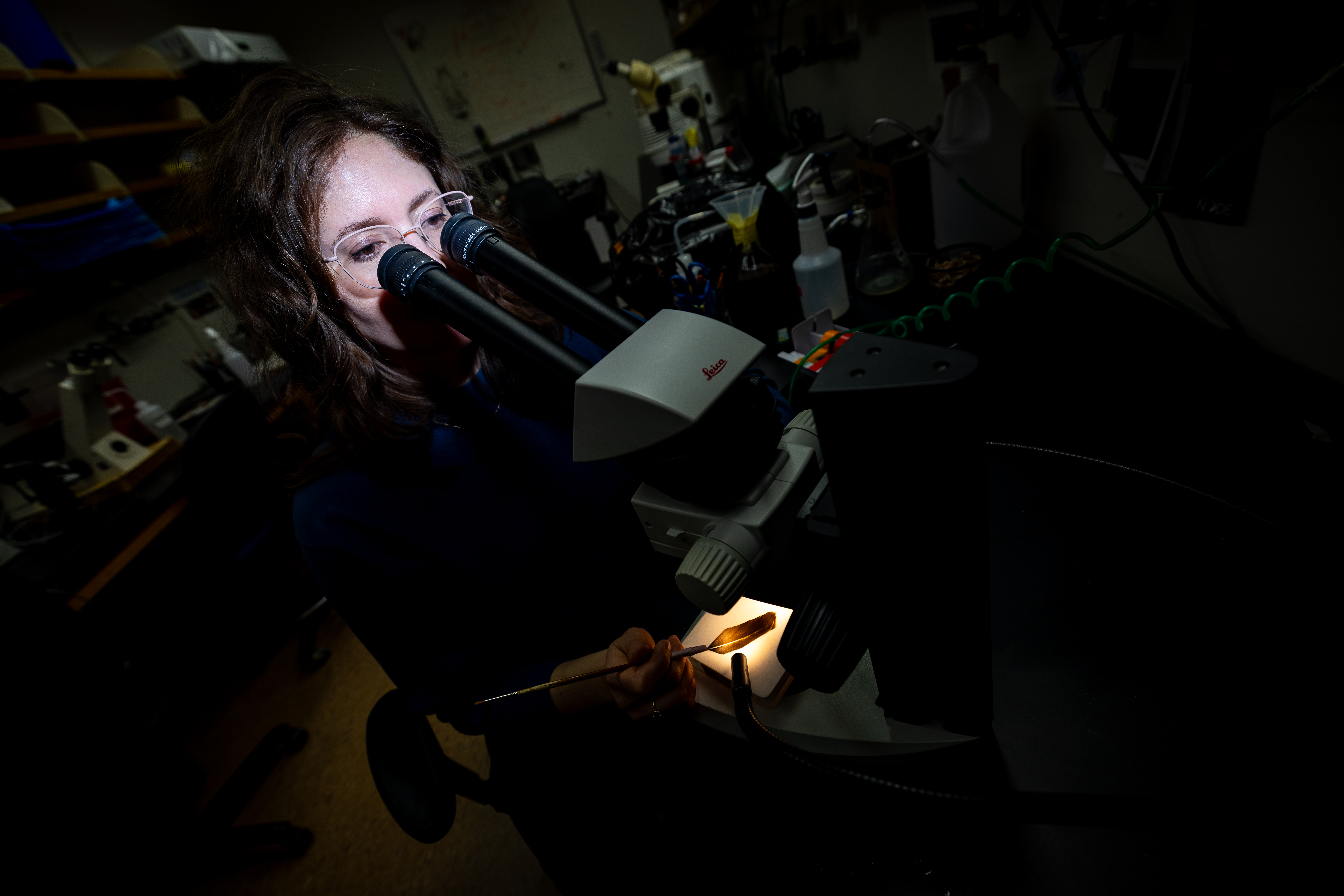 woman at microscope in lab