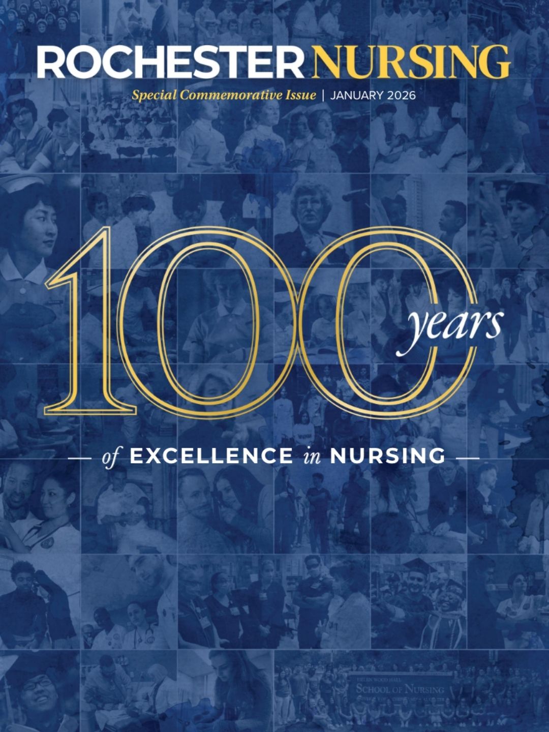 A large 100 Years logo overtop a blue fade images of nurses from years past.