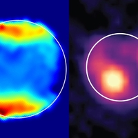 blue, red and yellow map of Ganymede and red and purple map of Io
