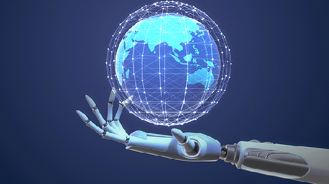 An illustration shows a robotic hand holding the Earth in its palm.