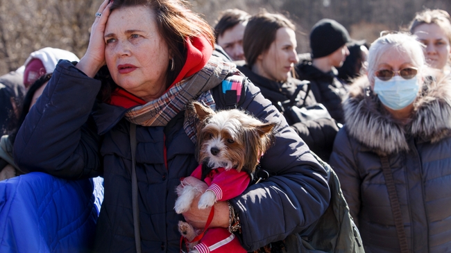 A Ukrainian woman, carrying a small dog in her arms, waits at a border crossing to escape the war in her home country 