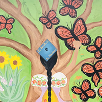 a colorful mural of the back of a person with a long black braid wearing a college graduation cap and looking at a tree surrounded by butterflies and flowers