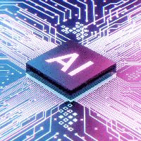 A graphic illustration depicts a close up view of a circuit, lit up in light purple and blue. In the center of the circuit, a raised component displays the letters "AI"