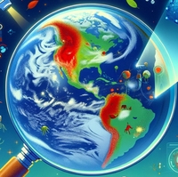 A colorful illustration shows a row of scientists in lab coats looking up at a vision of the Earth seen through a looking glass