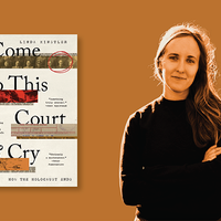 a person stands next to an image of a book