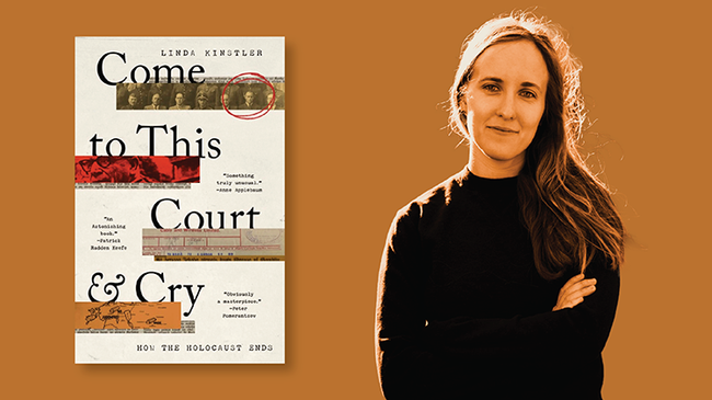 a person stands next to an image of a book