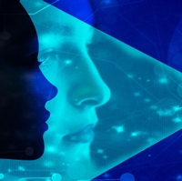 A high-concept photo illustration showing (at right) a portion of a hand holding a cell phone-camera, which projects light from right to left in a widening cone to illuminate a woman's face, and then, at the left margin, a woman's silhouette