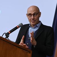 Volker Türk, the United Nations High Commissioner for Human Rights, speaks onstage at the UC Berkeley School of Law.