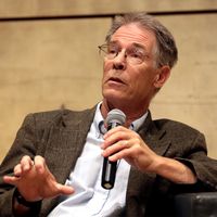 Two images side by side: The first is a book cover of The Ministry for the Future; second is Kim Stanley Robinson holding a mic while giving a talk