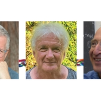 Headshots of three men against a background of interwoven colored wires