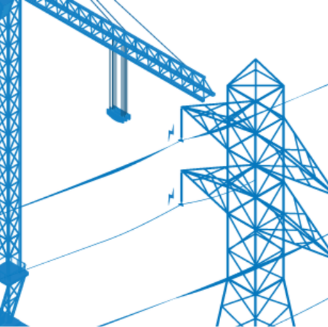 A blue crane and a transmission tower with electrical wires against a white background.