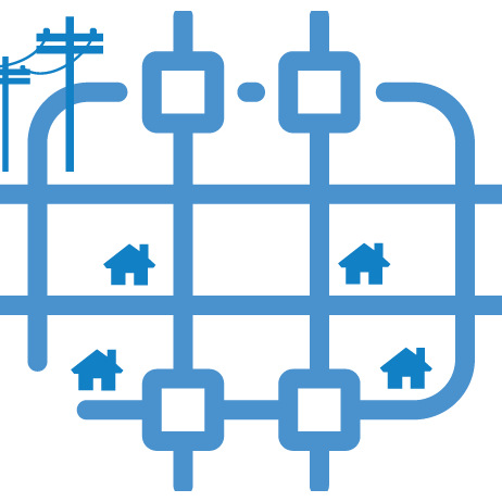 A network of blue lines and dots connects several small house icons with power lines on the left.