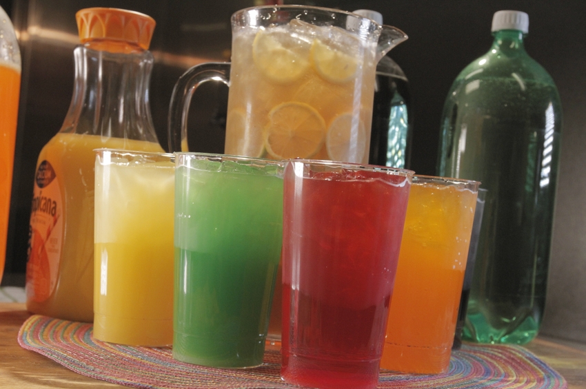 Orange juice, sports drinks, iced tea, and soda