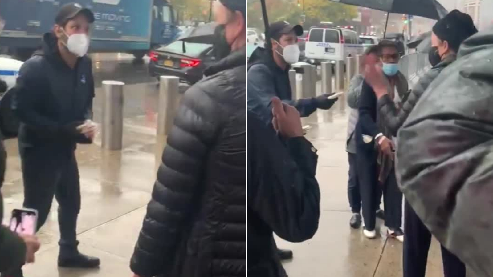 Actor Paul Rudd hands out cookies to voters waiting in the rain to cast their ballots