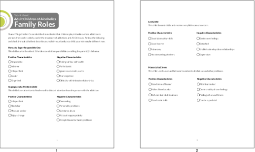 PLR Worksheets Adult Children Of Alcoholics Family Roles Worksheet 