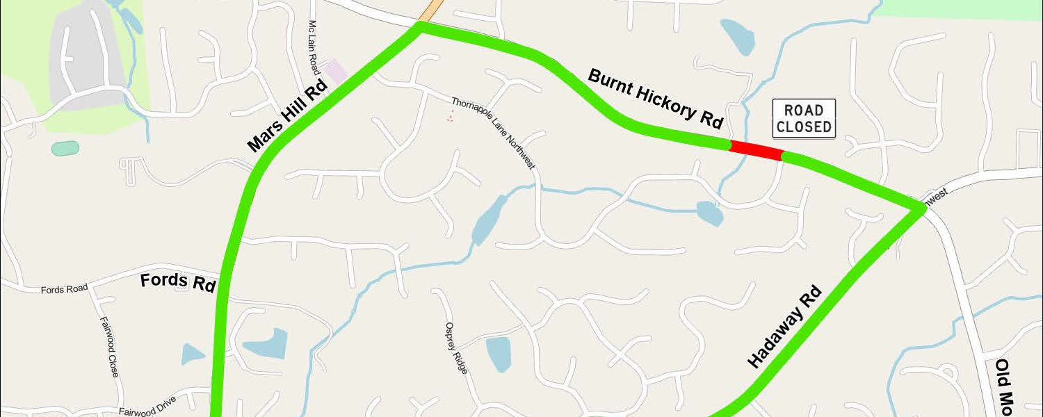 Map of the roads affected by the Burnt Hickory construction