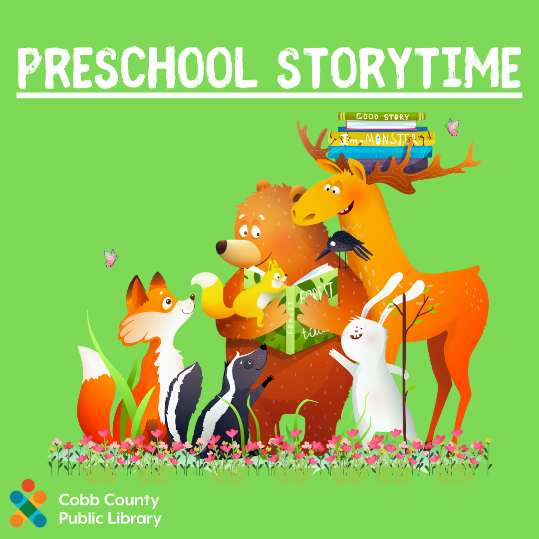 Green background with cartoon forest animals gathered around a book