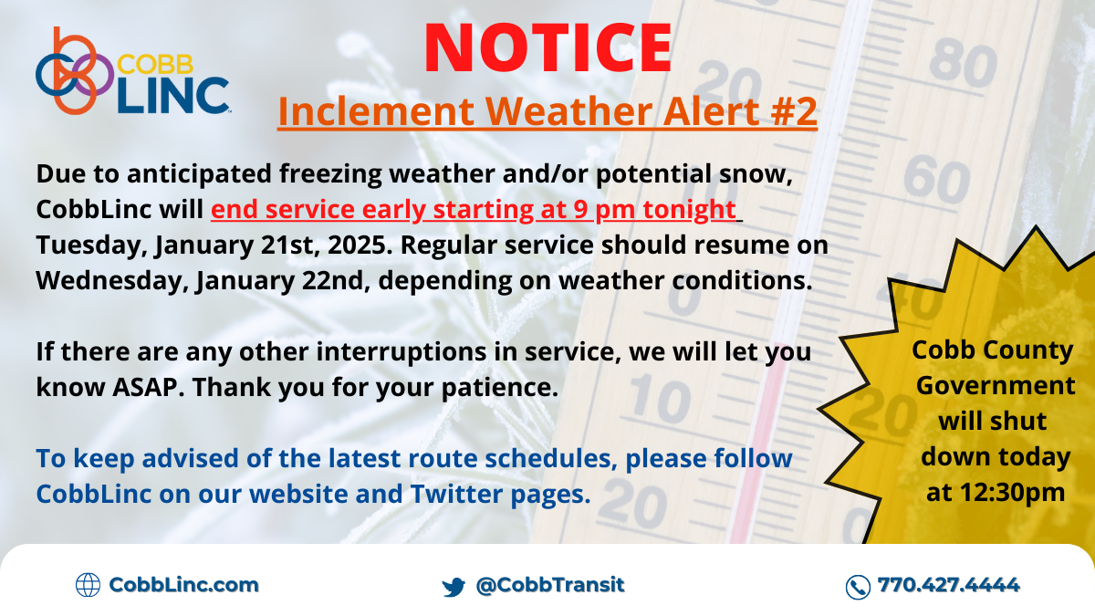 Picture of a social media announcement describing the early end of service on Tuesday, January 21st due to inclement weather.