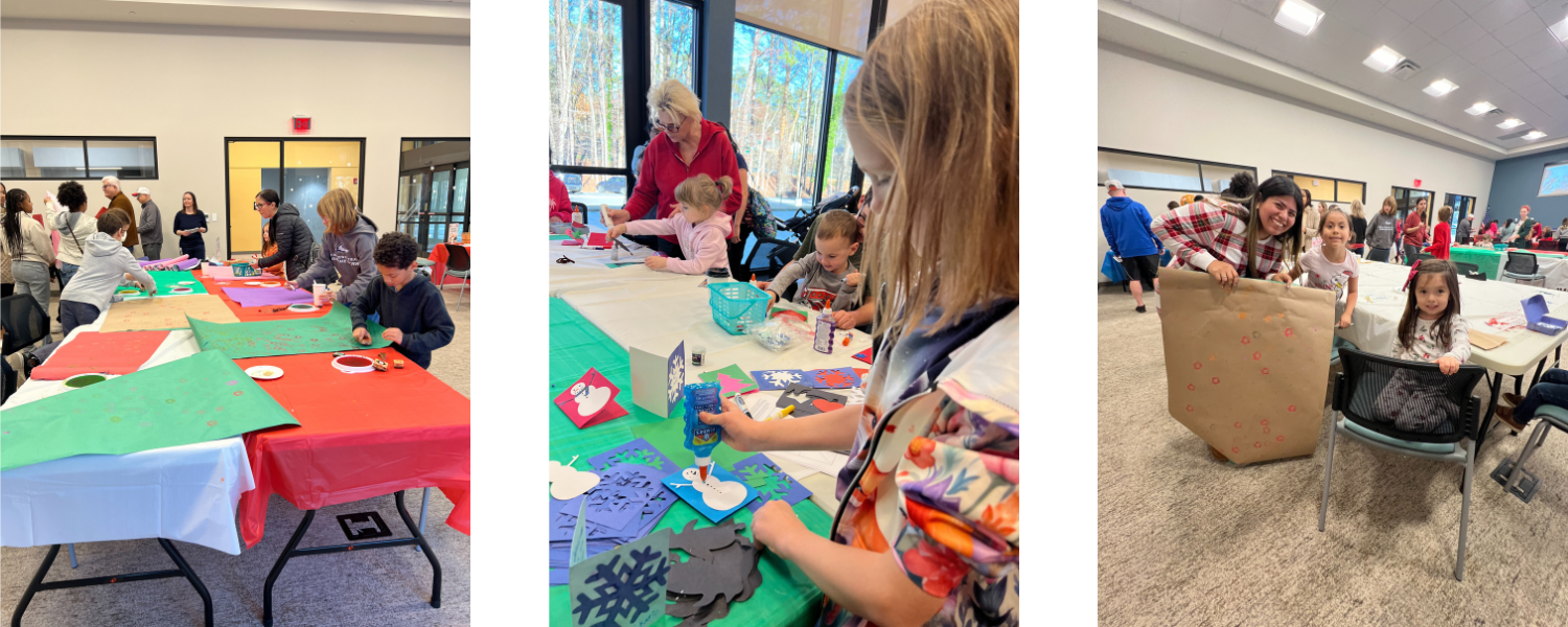 3 photographs side by side showing folks at Gritters Library attending a holiday craft program