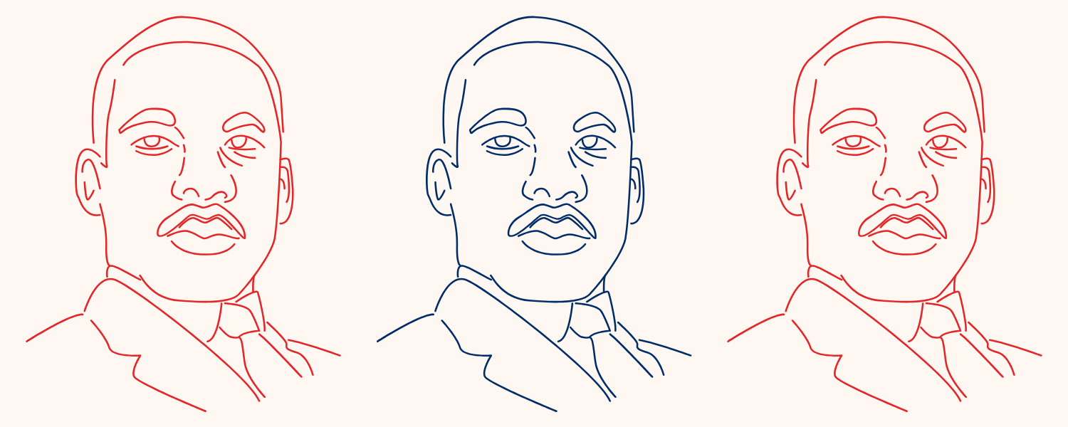 a simple line graphic of Martin Luther King Jr. repeated 3 times, once in blue and twice in red