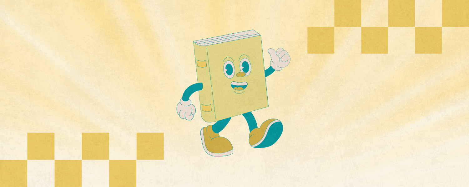 a retro cartoon of a book smiling and walking with one arm raised in hello