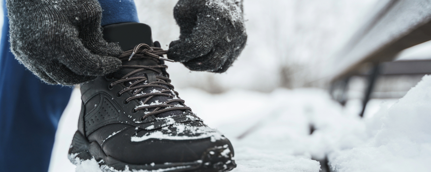 A person wearing thick winter gloves ties the laces of a sturdy, snow-covered winter boot while sitting on a snow-dusted bench. The background shows a blurred snowy outdoor setting with leafless trees and a partially visible bench, indicating cold winter conditions.