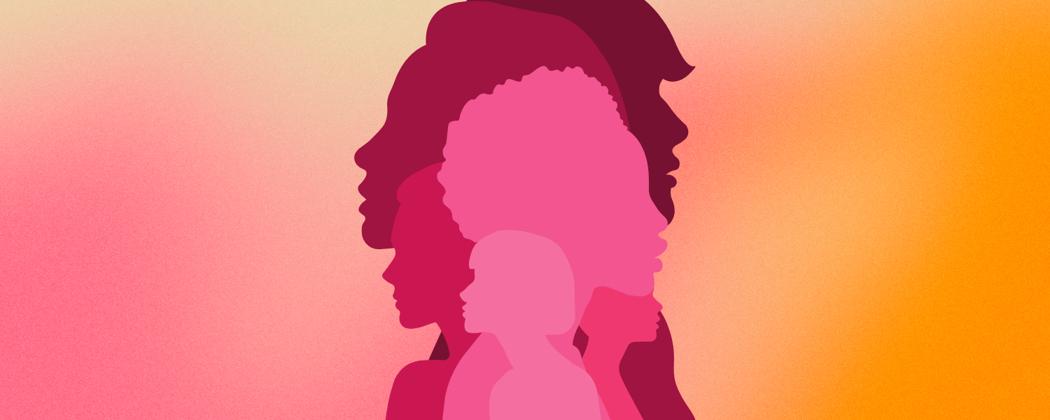 a pink and orange background with 5 profile silhouettes of women in the middle