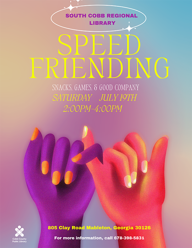 Purple and orange hands with interlocking pinkies in front of a yellow, blue, and purple ombre background.