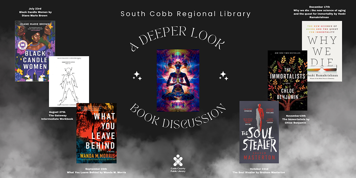 Black background with grey fog rising with book covers floating.