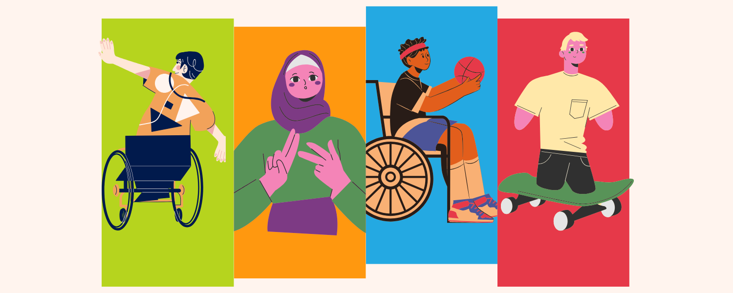 four brightly colored rectangles - green, orange, blue, and magenta - with a graphic of a differently-abled person in each rectangle - a man in a wheelchair, a woman signing, a man in a wheelchair holding a basketball, and a man with no arms or legs on a skateboard