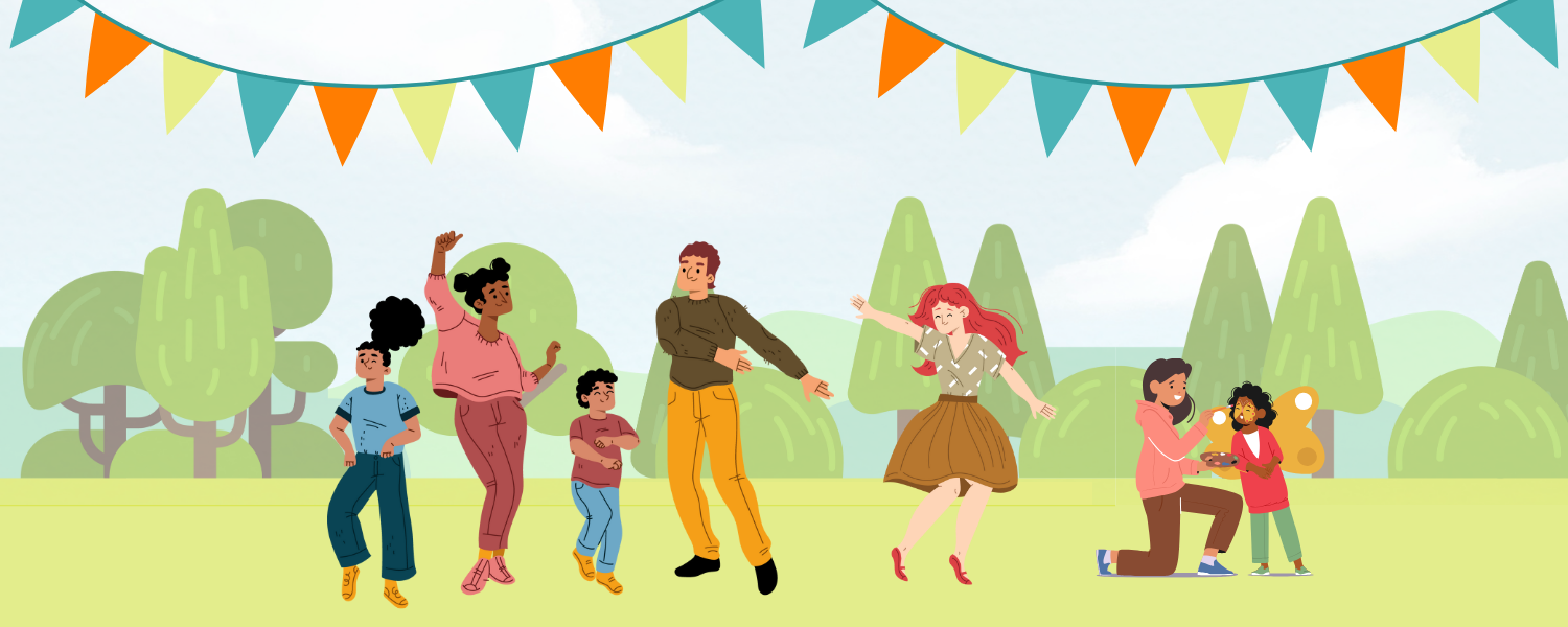 a pastel graphic of a wooded background with a variety of people dancing in the foreground