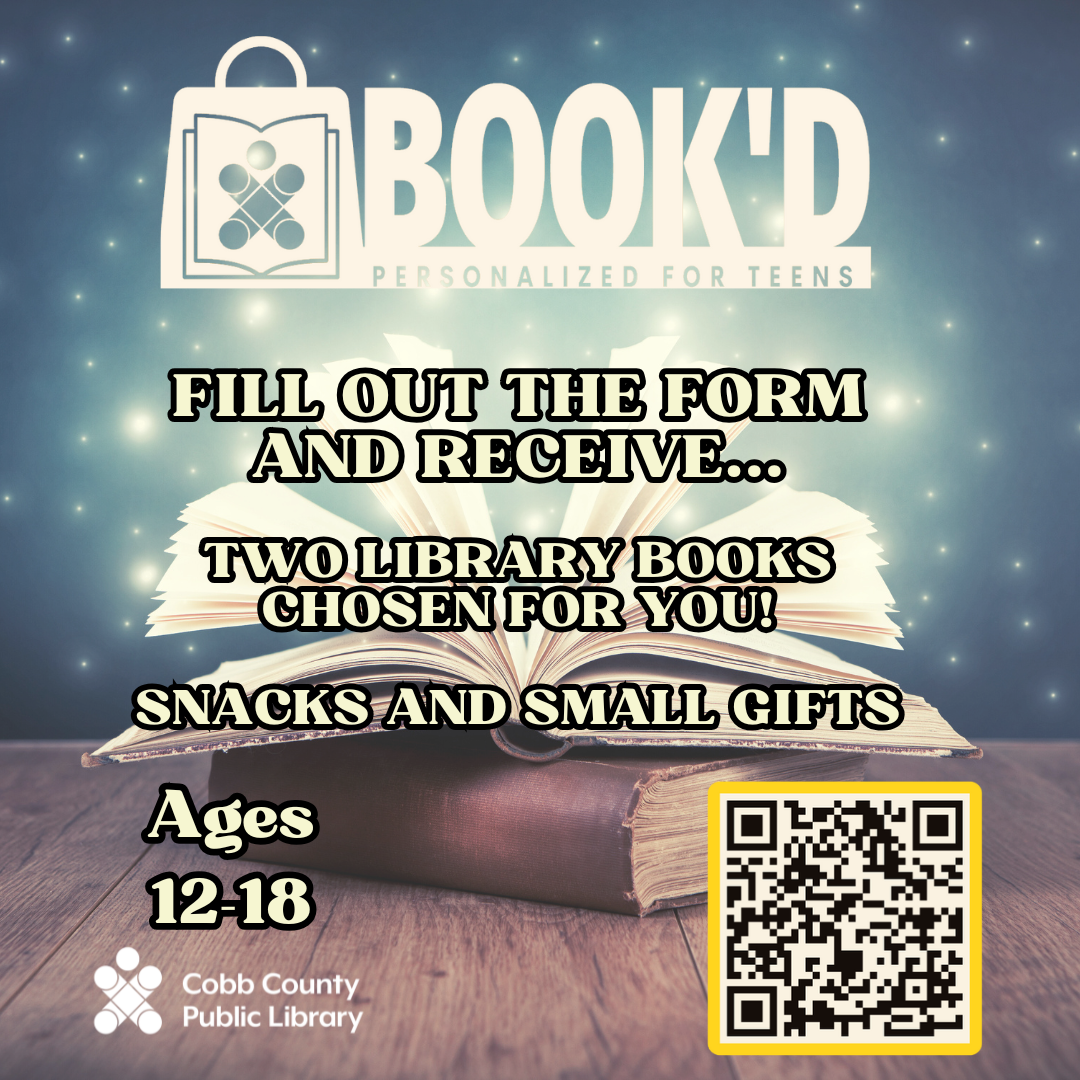 Blue background with golden dots of light, a stack of books with an open book on top. QR code in the left corner.